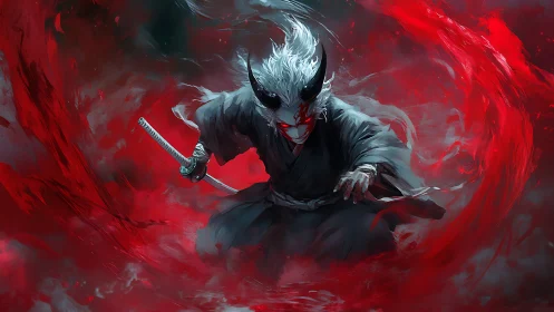 Horned swordsman in swirling red energy vortex, frontal view.