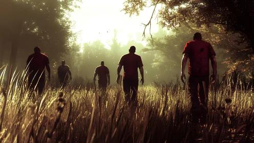 Silhouetted figures walk through tall grass at sunset forest