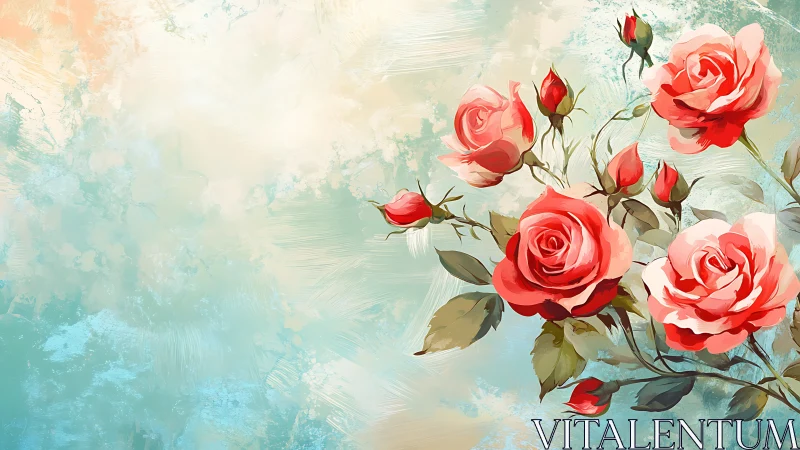 Coral Roses Against Turquoise Textured Background.