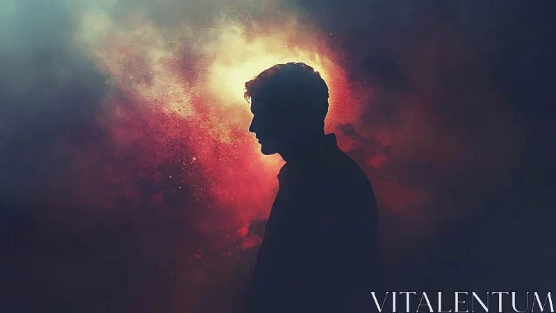 Silhouetted dreamer adrift in a cosmic ember storm of light.