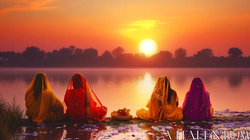 Women in Traditional Sarees by River at Sunrise, Vibrant Cultural Scene.