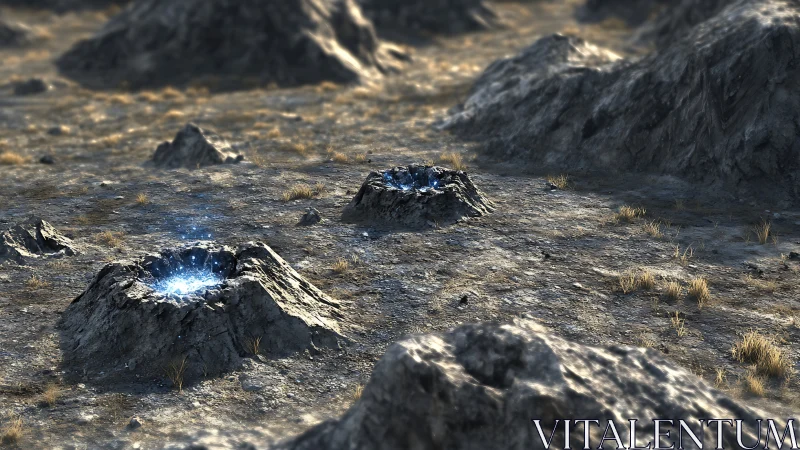 Rocky plain with glowing mineral pits in arid terrain.