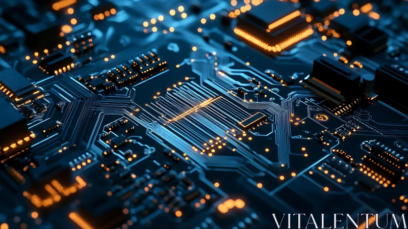 Detailed electronic circuit board with glowing traces.