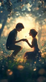 Man kneeling offering flower to young girl in bokeh field