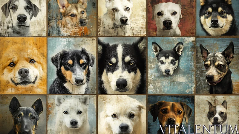 Grid of stylized dog portraits rendered with textured painterly detail
