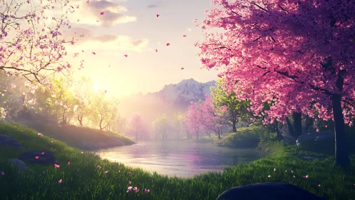 Sunlit cherry blossom valley unfolds around tranquil river.