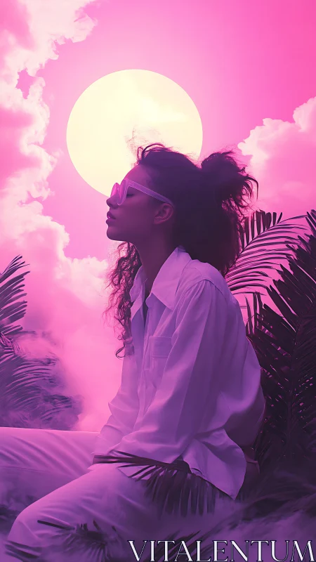 Dreamy neon sunset wraps a calm woman in soft pink light