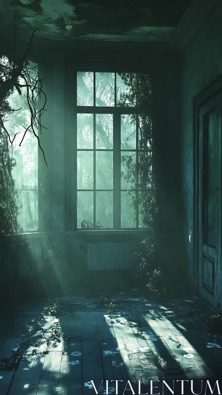 Abandoned room fills with teal mist and invasive ivy.