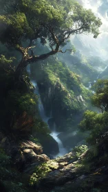 Misty cliffside forest welcomes a winding, hidden waterfall