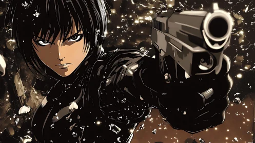 Anime tactical close-up with dynamic handgun perspective.