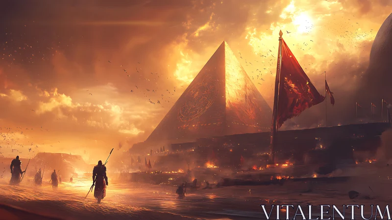 Apocalyptic desert pyramids under burning storm sky at dusk