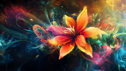 Radiant cosmic flower glowing in swirling rainbow light.