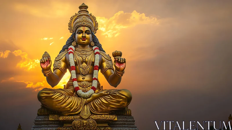 Golden seated deity statue is positioned against sunset cloud
