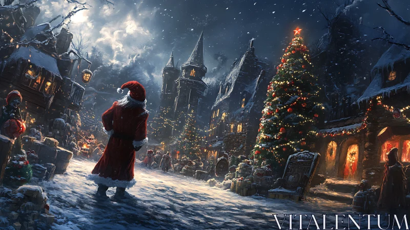 Midnight Santa stroll in a lantern-lit Christmas village.