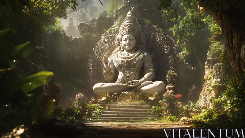 Sunlit jungle sanctuary with serene stone deity statue.