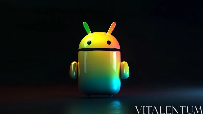 Neon gradient android mascot glows on reflective surface.
