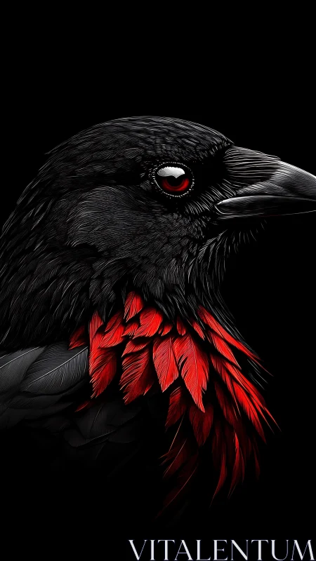 Midnight raven with glowing red eye and fiery feathers.