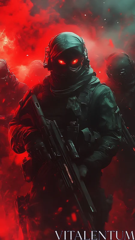 Ghost-eyed commando strides through molten crimson fog