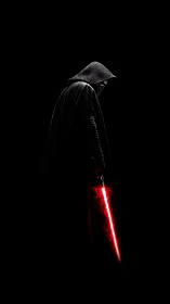 Dark-robed warrior with glowing red energy blade silhouette.