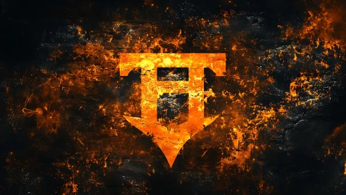 Shield emblem surrounded by intense fire and flame