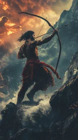 Warrior archer stands on stormy rocks with drawn bow.