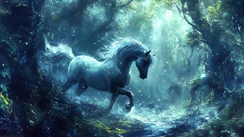 Luminescent white stallion strides through ethereal forest stream