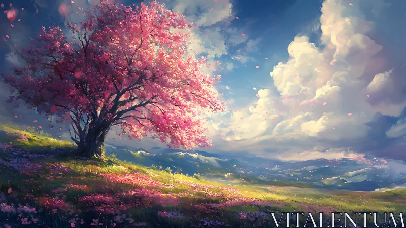 Pink blossom tree on sunlit hillside under bright sky.