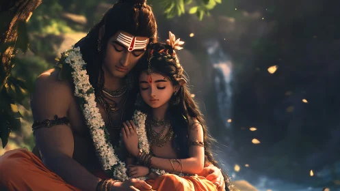 Divine father and child share a serene moment by waterfall