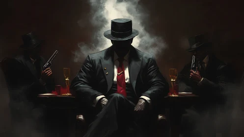 Three armed men sit at a smoky table in dark surroundings