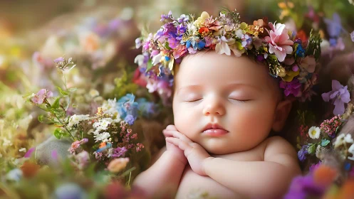 Neonatal portrait in macro floral wreath and soft-focus bokeh.