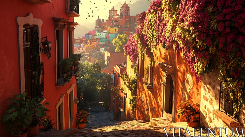 Sunlit terraced street with bougainvillea and distant hillside basilica