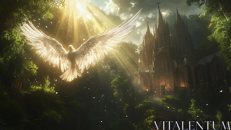 Radiant angel ascends above forest cathedral at dawn.