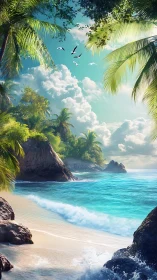 Tropical Shoreline with Palm Framing and Turquoise Waters