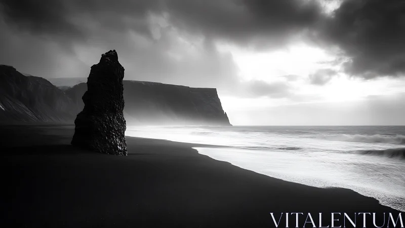 Storm-brooding monolith guards a silver-veiled black shore.