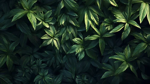 Layered tropical foliage rendered with directional overhead lighting