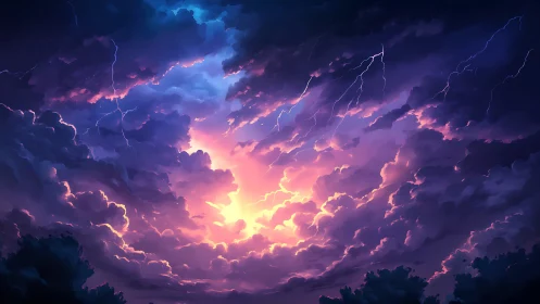 Electrified cumulonimbus sky with violet storm backlighting