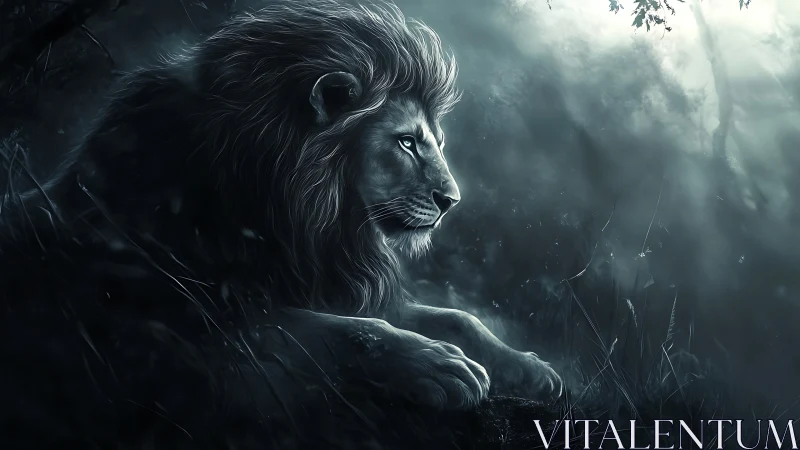 Moonlit forest lion resting in quiet silver twilight.