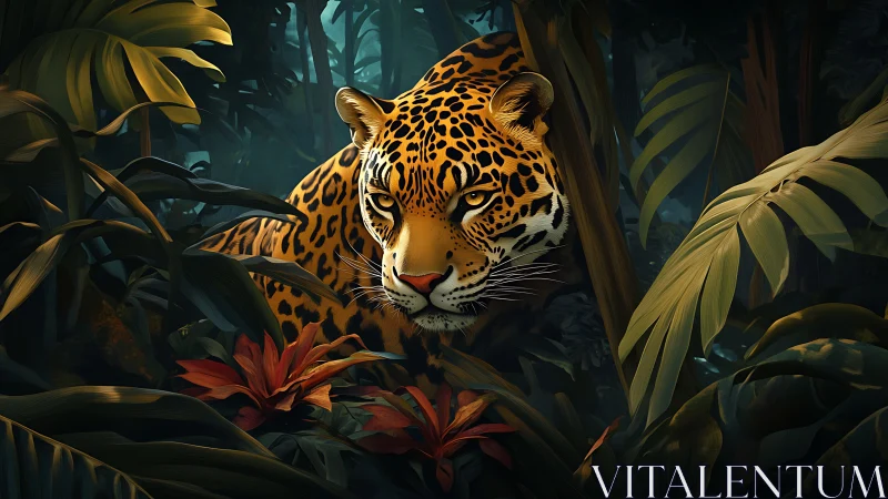 Digital painting of a stalking jaguar in dense tropical foliage.