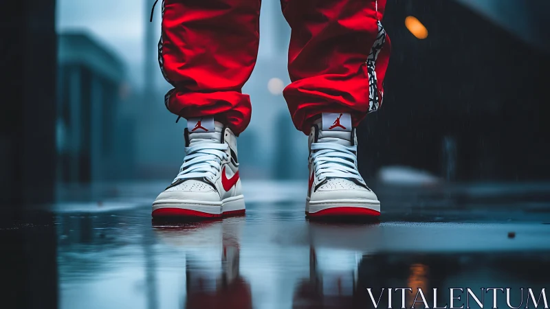 High-top sneakers on wet urban pavement with red joggers