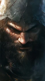 Battle-scarred hooded warrior closes his eyes in grim resolve.