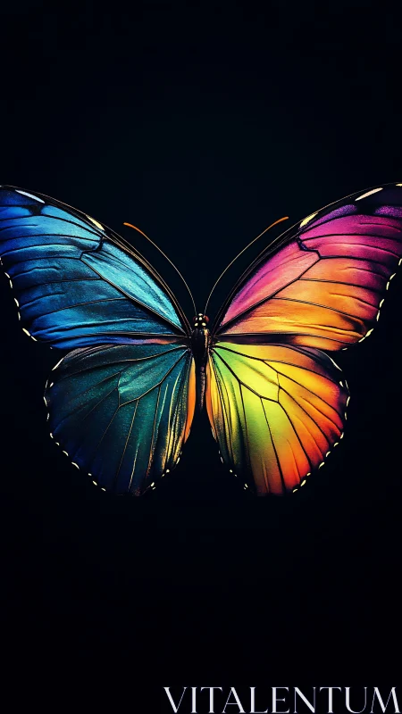 Symmetrical macro study of iridescent rainbow butterfly wings on black