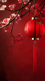 Red lantern and plum blossoms on uniform red background.