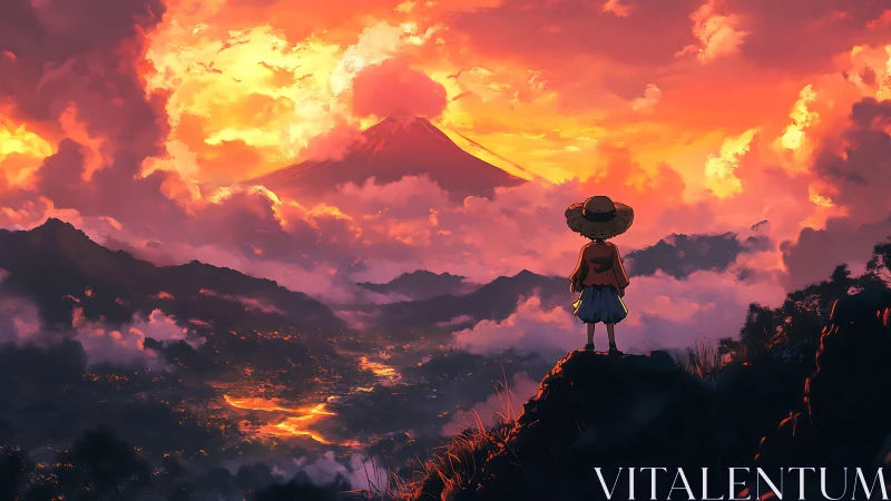 Volcanic sunset panorama with silhouetted observer on ridge.