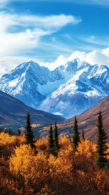 Snowy mountain range above bright autumn forest valley.