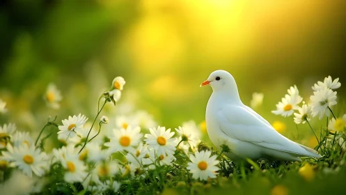 White Dove Rests Among White Daisies in Green Garden.