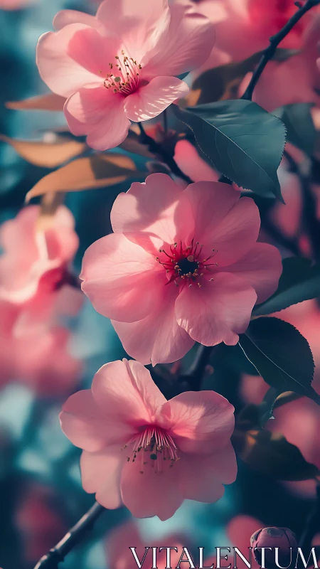 Pink Blossoms Against Teal Background