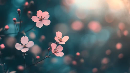 Delicate Pink Blossoms: Shallow Depth Field Study with Teal Bokeh