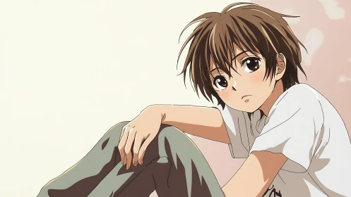 Relaxed anime youth in soft minimalist interior setting.
