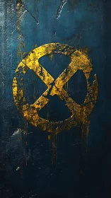 Weathered yellow circular emblem on dark textured surface.