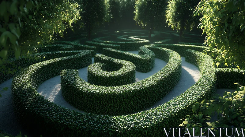 Curved hedge maze forms concentric paths under filtered light